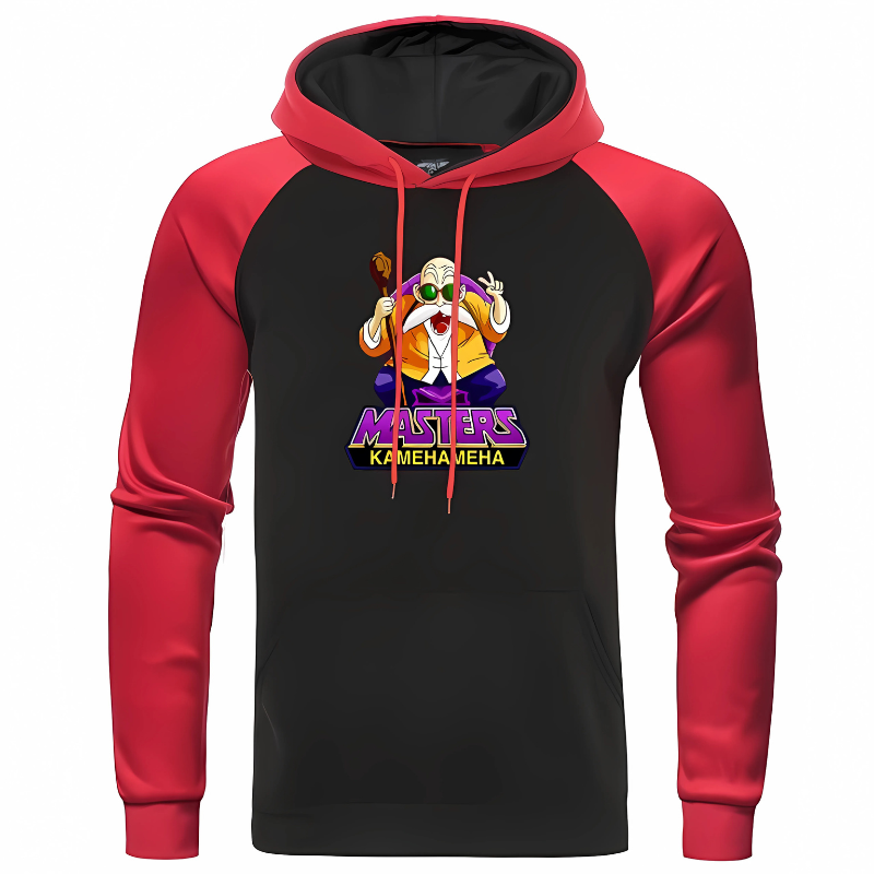 Sweat à capuche noir avec manches rouges, motif coloré "Masters Kamehameha" représentant Tortue Géniale, idéal pour les fans de Dragon Ball Z.