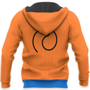 Vue arrière d'un sweat à capuche au design audacieux, présentant une teinte orange vive et un motif circulaire noir minimaliste centré sur le dos. La capuche intérieure est noire, offrant un contraste subtil, tandis que la bordure et les poignets bleus ajoutent une touche de fraîcheur.