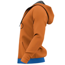 Vue latérale d'un sweat à capuche orange élégant avec une poche kangourou pratique. Les manches longues et la capuche sont soulignées par un design noir intérieur, tandis que la bordure bleue apporte un contraste vibrant. Idéal pour un look sportif ou décontracté.
