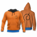 Sweat à capuche orange vif avec bordures bleues, orné d'un design minimaliste noir inspiré de l'univers de Tenkaichi. L'avant arbore un petit symbole circulaire sur la poitrine gauche, tandis que l'arrière présente une version agrandie du même design. La capuche noire complète le look moderne et décontracté.