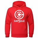 Sweat à capuche rouge avec le logo Capsule Corp en blanc, inspiré de l’univers Dragon Ball Z. Un vêtement moderne et confortable pour les fans d’anime, idéal pour afficher votre passion pour l’univers de Bulma et Goku.