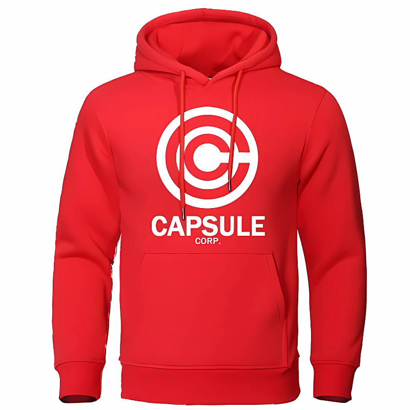 Sweat à capuche rouge avec le logo Capsule Corp en blanc, inspiré de l’univers Dragon Ball Z. Un vêtement moderne et confortable pour les fans d’anime, idéal pour afficher votre passion pour l’univers de Bulma et Goku.