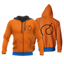 Sweat à capuche zippé au design vibrant orange, agrémenté d'une bordure bleue sur le bas et les poignets. Le devant affiche un symbole circulaire noir minimaliste sur la poitrine gauche, tandis que le dos présente une version agrandie du même design. La capuche noire ajoute une touche de contraste moderne.

