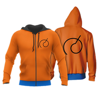 Sweat à capuche zippé au design vibrant orange, agrémenté d'une bordure bleue sur le bas et les poignets. Le devant affiche un symbole circulaire noir minimaliste sur la poitrine gauche, tandis que le dos présente une version agrandie du même design. La capuche noire ajoute une touche de contraste moderne.

