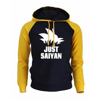 Sweat à capuche noir avec manches jaunes, texte blanc "Just Saiyan" et motif cheveux Saiyan sur la poitrine, parfait pour un style geek et urbain.