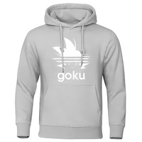 Sweat à capuche gris clair avec logo cheveux Saiyan blanc et texte "Goku", idéal pour un look geek et décontracté.