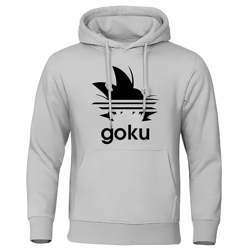  Sweat à capuche gris clair avec logo cheveux Saiyan noir et texte "Goku", parfait pour les amateurs de culture pop.