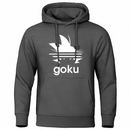 Sweat à capuche gris foncé avec logo cheveux Saiyan blanc et texte "Goku", parfait pour un style décontracté inspiré de l'univers Saiyan.