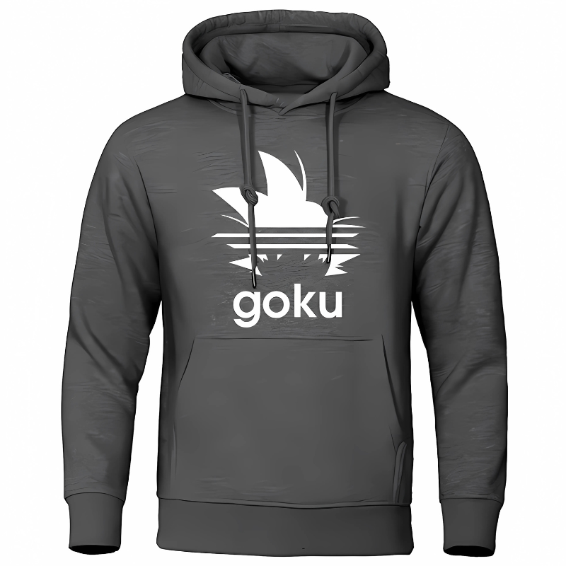 Sweat à capuche gris foncé avec logo cheveux Saiyan blanc et texte "Goku", parfait pour un style décontracté inspiré de l'univers Saiyan.