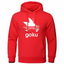 Sweat à capuche rouge avec logo cheveux Saiyan blanc et texte "Goku", parfait pour un look frais et dynamique inspiré de l'univers Saiyan.
