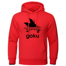 Sweat à capuche rouge avec logo cheveux Saiyan noir et texte "Goku", un style audacieux et vibrant pour les fans de l'univers Saiyan.