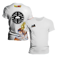 T-shirt Dragon Ball Z Goku blanc avec impression de qualité supérieure, conçu en tissu respirant à séchage rapide pour un confort optimal, idéal pour les fans du manga Dragon Ball Z.
