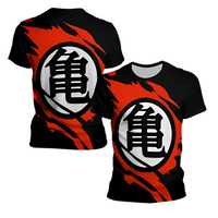 T-shirt Dragon Ball Z Goku noir et rouge, orné du symbole Kame emblématique, en tissu respirant et extensible, offrant un design stylé et confortable pour les fans du manga.