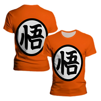 T-shirt Dragon Ball Z Goku orange vibrant, affichant le symbole Kanji emblématique, conçu en tissu respirant et léger, parfait pour les fans de manga et un style décontracté unique.