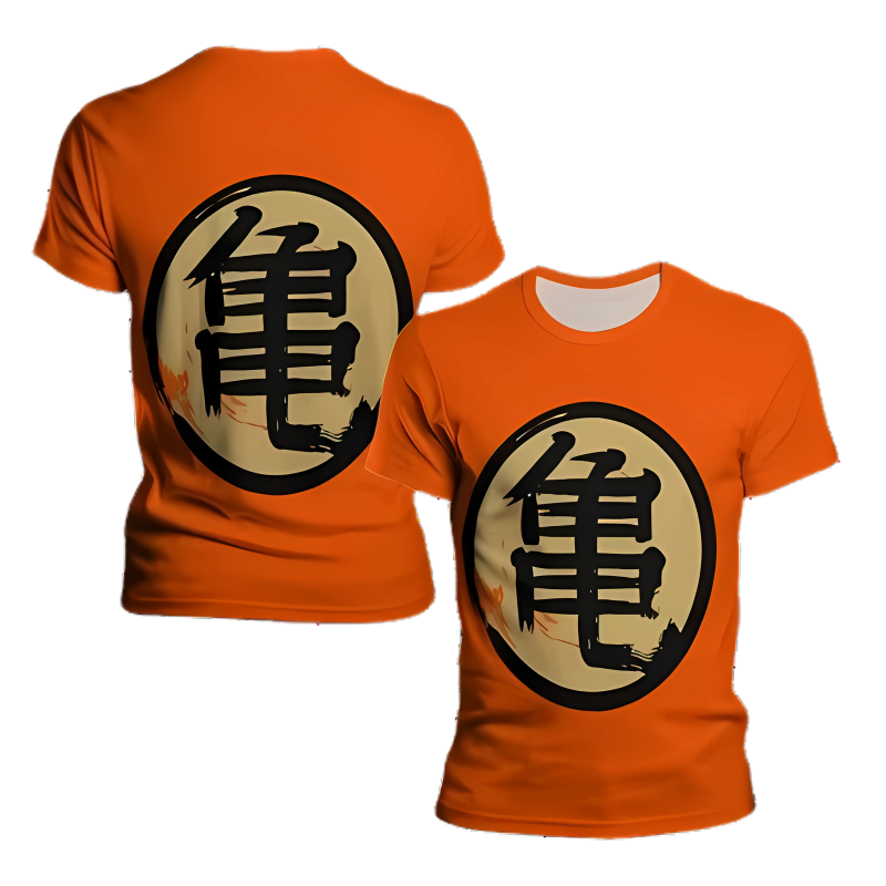  T-shirt Dragon Ball Z Goku orange vibrant, arborant le symbole Kame en grand, conçu en tissu respirant et extensible pour un confort optimal et un style manga authentique.