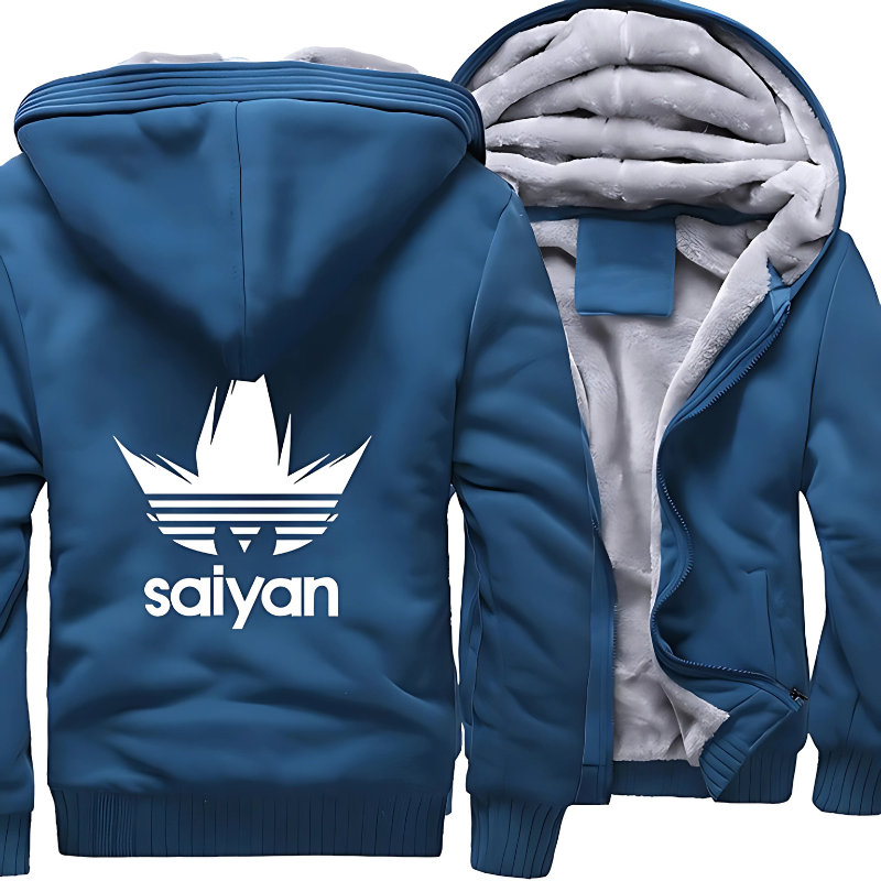 Veste d'hiver bleue "Saiyan" avec doublure polaire, design manga inspiré du logo Adidas. Idéale pour affronter le froid tout en restant stylé.

