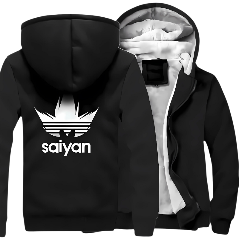 Veste d'hiver noire "Saiyan" avec intérieur en polaire, design unique inspiré de l'univers manga et du style Adidas. Idéale pour l'hiver et les amateurs de mangas.

