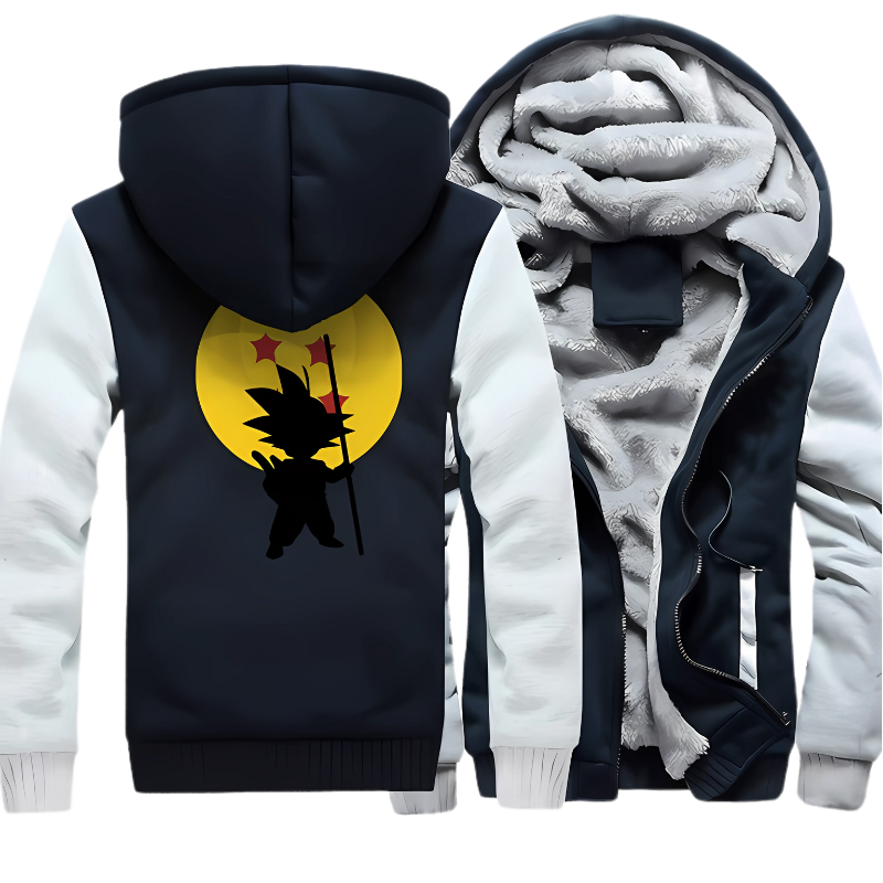 Veste polaire unisexe avec motif Goku de Dragon Ball, silhouette bleu marine sur cercle jaune avec étoiles rouges, manches gris, capuche doublée en fourrure, idéale pour l’hiver et les fans de manga.