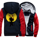 Veste polaire chaude pour homme et femme, design manga avec motif Goku de Dragon Ball, silhouette bleu marine sur cercle jaune avec étoiles rouges, manches rouges, capuche doublée en fourrure pour l’hiver.