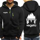 Veste zippée noire élégante avec capuche, arborant le texte "Vegeta" sur le devant et un logo blanc Vegeta stylisé au dos. Les détails verts fluo, comme les fermetures éclair et les cordons, ajoutent une touche moderne et dynamique. Idéale pour les fans d'animés recherchant style et confort.

