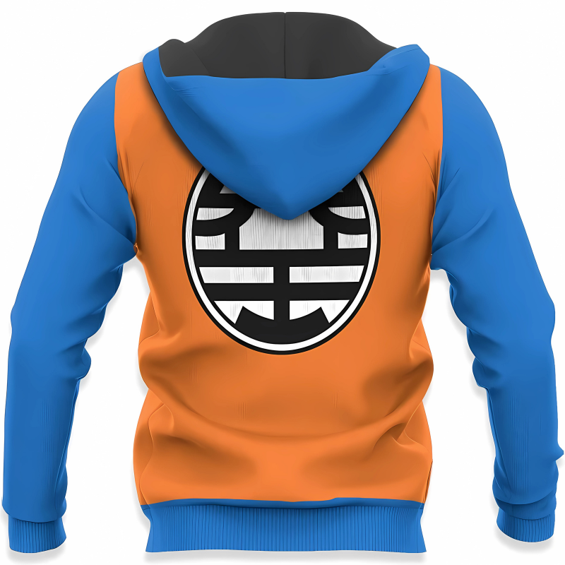 Vue arrière détaillée d'une veste zippée à capuche inspirée de Goku. Le design orange vif est rehaussé par des manches bleues et une capuche noire. Un grand symbole maître Kame est imprimé en blanc et noir au centre du dos, capturant l'essence authentique de Dragon Ball.