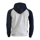 Vue arrière d'un sweat à capuche gris clair avec manches bleu marine, mettant en avant un design épuré et confortable pour un style décontracté.