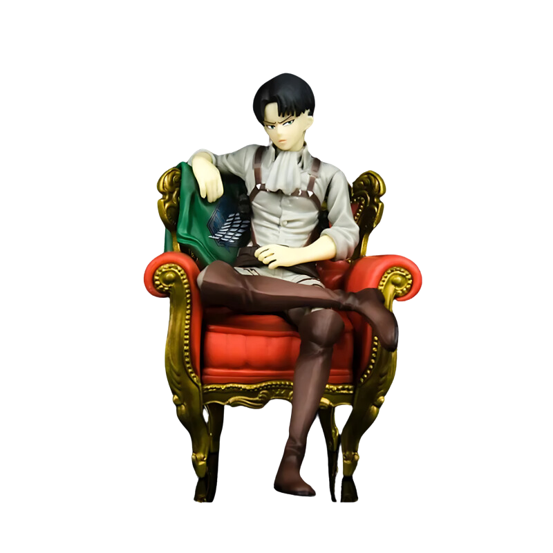 Figurine Levi de l'Attaque des Titans dans une pose sérieuse sur une chaise en décor sombre