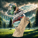 Figurine de Levi de l'Attaque des Titans en pleine action, utilisant son équipement de manœuvre tridimensionnel sur une souche d'arbre, arrière-plan de forêt et de falaises imposantes.