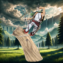 Vue latérale de la figurine de Levi de l'Attaque des Titans en mouvement, équipée de son harnais et de ses lames, en appui sur un tronc d'arbre avec un paysage de forêt en arrière-plan.