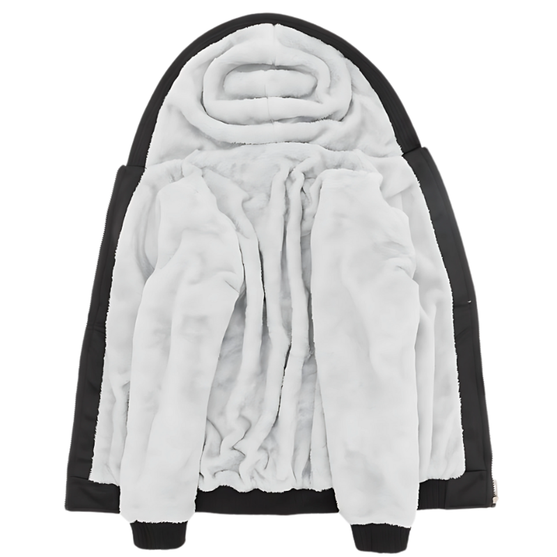 Vue complète de l'intérieur d'une veste d'hiver avec une doublure en polaire blanche épaisse et douce. Conçue pour offrir une chaleur optimale et un confort exceptionnel pendant les saisons froides.