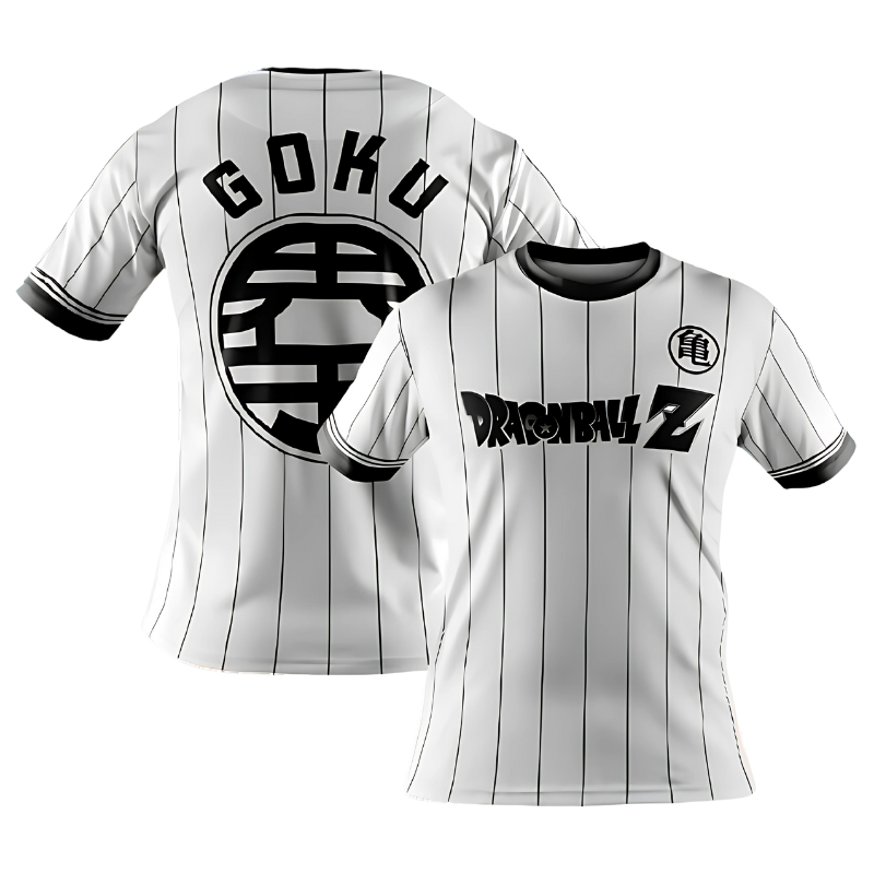  Maillot de foot Dragon Ball Z blanc avec Goku, design épuré avec le Kanji emblématique. Fabriqué en tissu respirant à séchage rapide, parfait pour les fans de manga et les activités sportives.