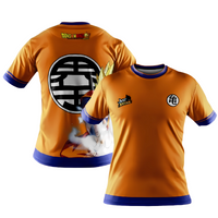 Maillot de foot Dragon Ball Z orange avec Goku, design vibrant avec le Kanji emblématique. Confectionné en tissu respirant à séchage rapide, idéal pour les fans de manga et les entraînements sportifs.