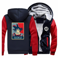 Veste bleu marine et rouge pour homme à capuche avec doublure en polaire chaude, décorée de Goku de Dragon Ball au dos et du symbole "悟" (sagesse ou illumination) sur le devant. Parfaite pour les fans de mangas et d'anime, cette veste offre un design unique et un confort optimal pour l'hiver.