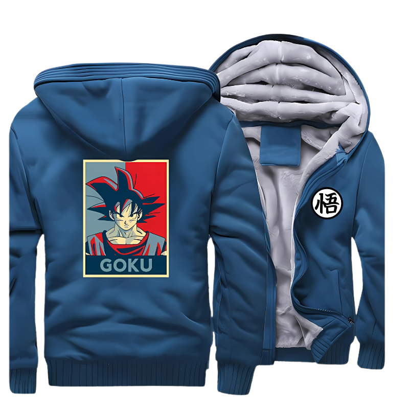 Veste bleue pour homme à capuche avec doublure en polaire chaude, illustrée de Goku de Dragon Ball au dos et du symbole "悟" (sagesse ou illumination) sur le devant. Un choix parfait pour les fans d'anime et de mangas, alliant style unique et confort pour l'hiver.