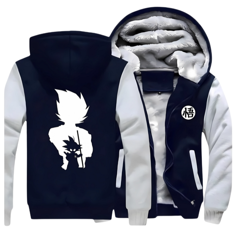 Veste polaire Dragon Ball pour homme avec design unique. Ombre blanche de Goku adulte en arrière-plan et silhouette enfantine de Goku avec bâton sur le dos. Corps bleu marine et manches grises pour un style moderne et confortable.