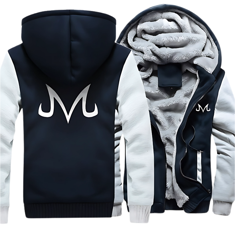 Veste chaude pour homme inspirée de Dragon Ball avec capuche, manches grises et corps bleu marine. Logo Majin blanc imprimé dans le dos et sur la poitrine. Doublure en polaire épaisse pour un confort optimal.