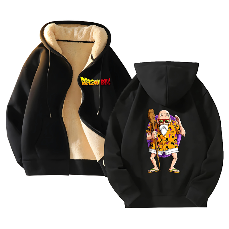 Veste Dragon Ball noire pour homme avec doublure en polaire épaisse. Illustration de Tortue Géniale (Kame Sennin) en tenue de vacances imprimée au dos et logo Dragon Ball sur la poitrine. Veste chaude idéale pour l'hiver, alliant style et confort.