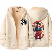 Veste à capuche Dragon Ball Z Goku et Shenron beige ultra-chaude doublée polaire hiver homme manga guerrier légendaire.