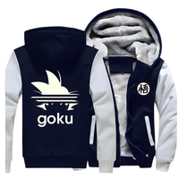 Veste polaire bleu marine et blanche avec capuche, design Goku inspiré de Dragon Ball et logo kanji "悟", doublure chaude et douce, parfaite pour les fans de manga et les saisons froides.