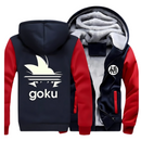 Veste polaire bleu marine et rouge avec capuche, design Goku inspiré de Dragon Ball et logo kanji "悟", doublure douce et chaude, parfaite pour l’hiver et les fans de manga.