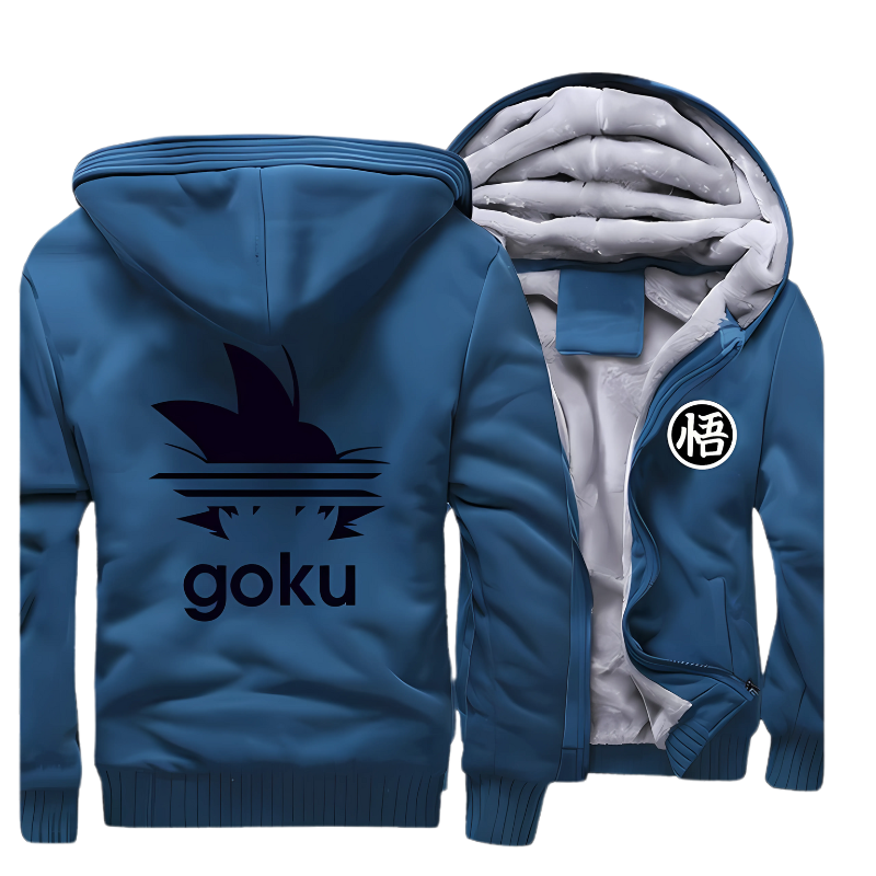 Veste polaire bleue avec capuche, design Goku inspiré de Dragon Ball et logo kanji "悟", doublure douce et chaude, parfaite pour les fans de manga et les températures hivernales.

