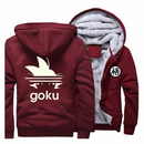 Veste polaire bordeaux avec capuche, design Goku inspiré de Dragon Ball et logo kanji "悟", doublure douce et chaude, parfaite pour les fans de manga et les saisons froides.