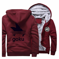 Veste polaire bordeaux avec capuche, design Goku inspiré de Dragon Ball et logo kanji "悟", doublure douce et chaude, parfaite pour l’hiver et les fans de manga.