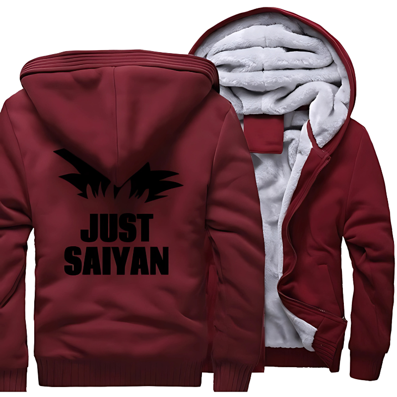 Veste rouge "Just Saiyan" avec design noir, doublure en molleton chaud et fermeture éclair, idéale pour les fans de Dragon Ball Z qui recherchent style et confort.

