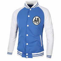 Veste Teddy Dragon Ball Goku bleue et blanche avec symbole Kanji "Go", style manga et anime pour homme.