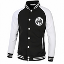 Veste Teddy Dragon Ball Goku noire et blanche avec symbole Kanji "Go", style manga et anime pour homme.