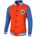 Veste Teddy Dragon Ball Goku orange et bleue avec symbole Kanji "Go", style manga et anime pour homme.