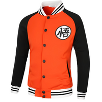 Veste Teddy Dragon Ball Goku orange et noire avec symbole Kanji "Go", style manga et anime pour homme.