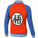 Veste Teddy Dragon Ball avec Kanji "Go" imprimé au dos, couleurs orange et bleu, style inspiré de Son Goku.