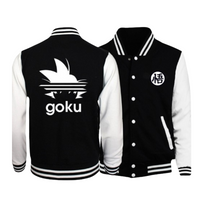 Veste teddy Dragon Ball Z noire et blanche avec Goku, blouson chaud style universitaire pour homme, design manga Saiyan.

